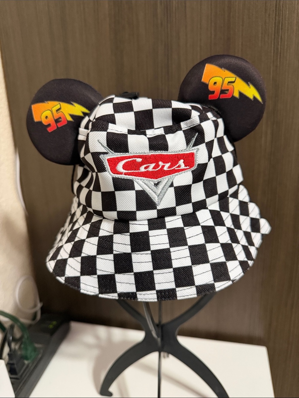 Disney Cars Checkered Bucket Hat with Lightning Ears - Black, White, Red, Yellow